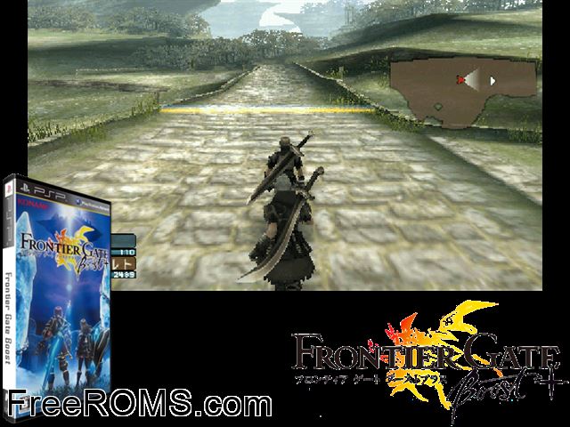 Frontier Gate Boost+ Japan PSP game showing 3D box cover and gameplay screenshot