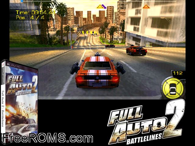 Full Auto 2 - Battlelines PSP game showing 3D box cover and gameplay screenshot