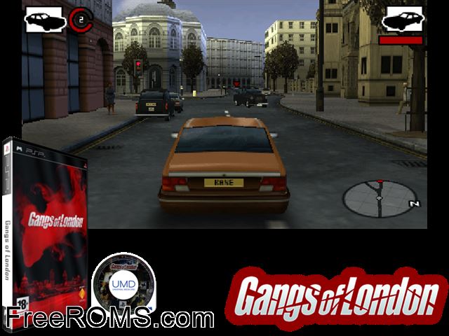 Gangs of London (Europe) PSP game showing 3D box cover and gameplay screenshot