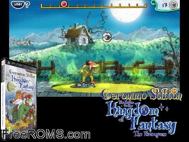Geronimo Stilton in The Kingdom of Fantasy (Europe) PSP game showing 3D box cover and gameplay screenshot