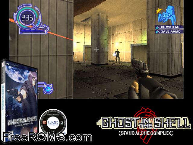Ghost in The Shell - Stand Alone Complex PSP game showing 3D box cover and gameplay screenshot
