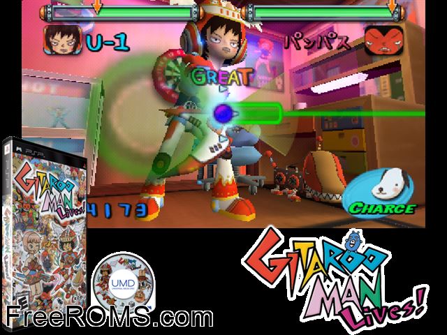 Gitaroo Man Lives! PSP game showing 3D box cover and gameplay screenshot