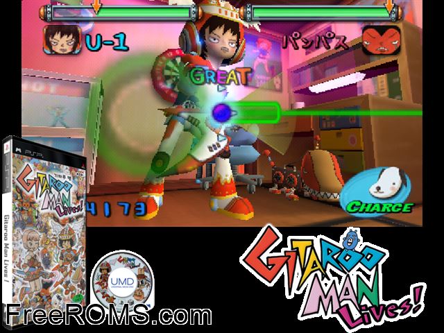 Gitaroo Man Lives! (Korea) PSP game showing 3D box cover and gameplay screenshot