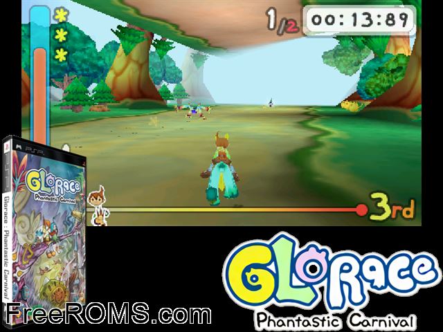 Glorace - Phantastic Carnival (Korea) PSP game showing 3D box cover and gameplay screenshot