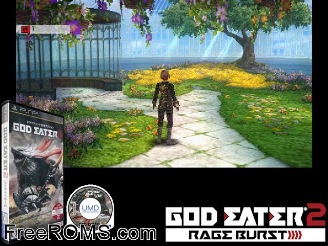God Eater 2 (Japan) PSP game showing 3D box cover and gameplay screenshot