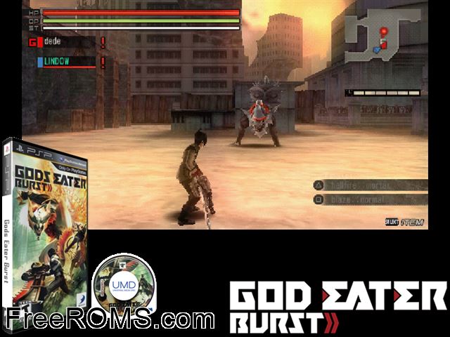 God Eater Burst (Japan) PSP game showing 3D box cover and gameplay screenshot