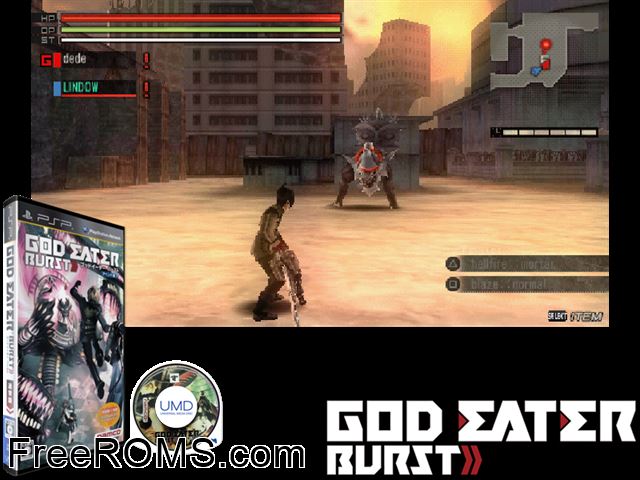 God Eater Burst - Append Edition (Japan) PSP game showing 3D box cover and gameplay screenshot