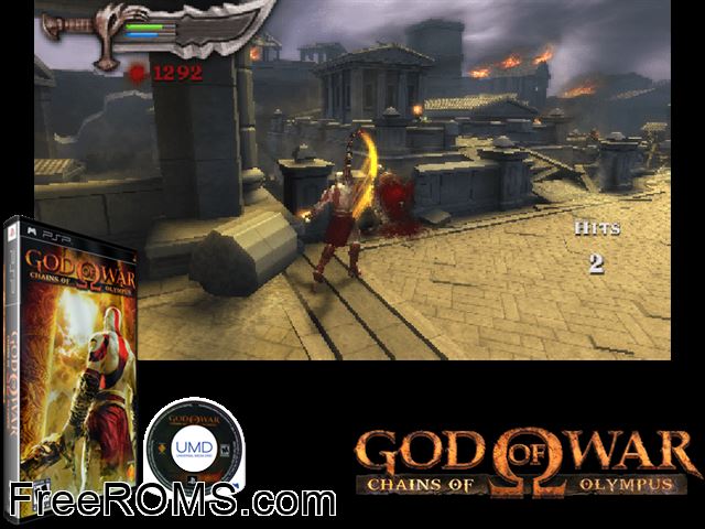 God of War - Chains of Olympus (Europe) PSP game showing 3D box cover and gameplay screenshot