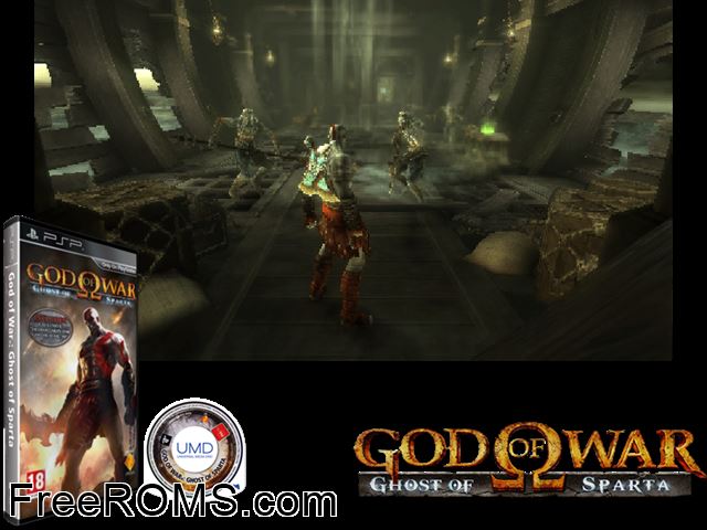 God of War - Ghost of Sparta PSP game showing 3D box cover and gameplay screenshot
