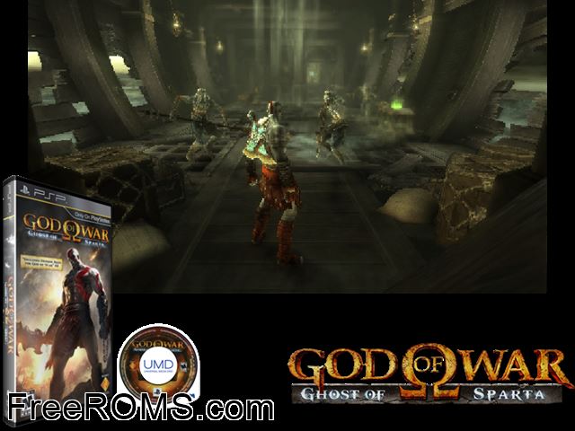 God of War - Ghost of Sparta (Europe) PSP game showing 3D box cover and gameplay screenshot