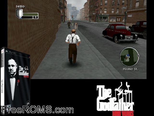 Godfather, The (Europe) PSP game showing 3D box cover and gameplay screenshot