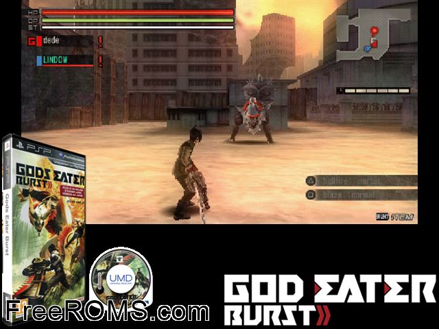 Gods Eater Burst (Europe) PSP game showing 3D box cover and gameplay screenshot