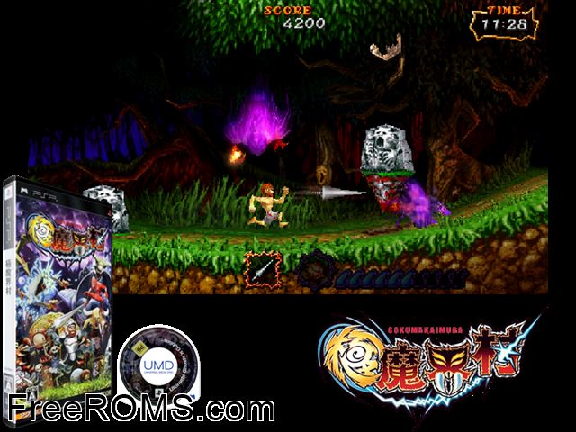 Goku Makaimura (Japan) PSP game showing 3D box cover and gameplay screenshot