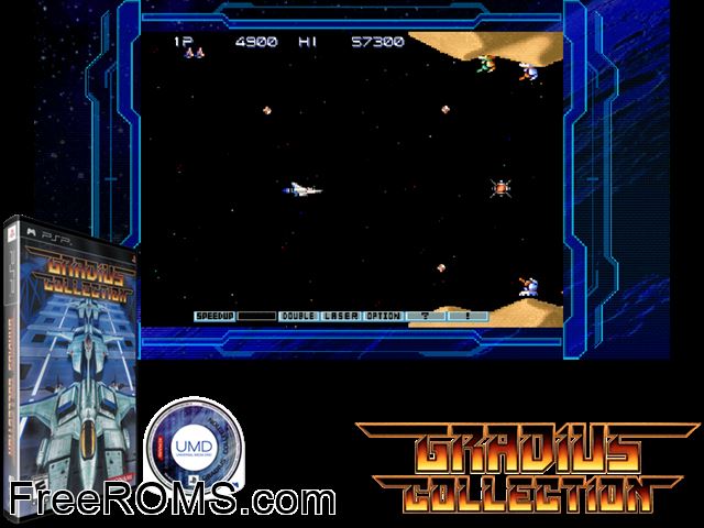 Gradius Collection (Europe) PSP game showing 3D box cover and gameplay screenshot
