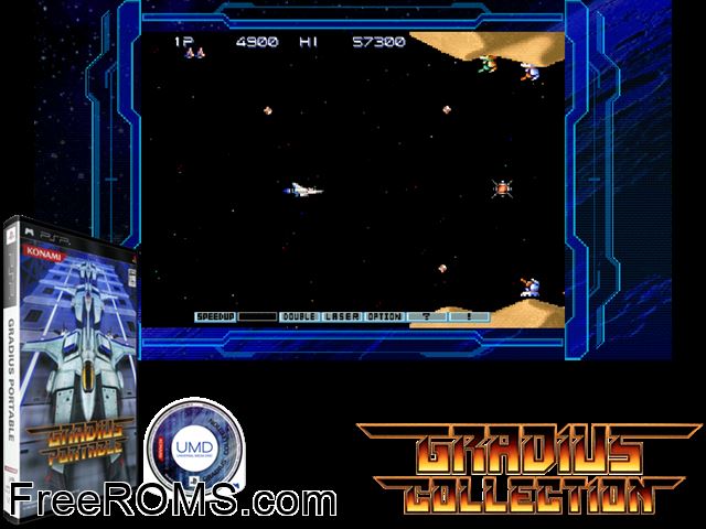 Gradius Portable (Japan) PSP game showing 3D box cover and gameplay screenshot