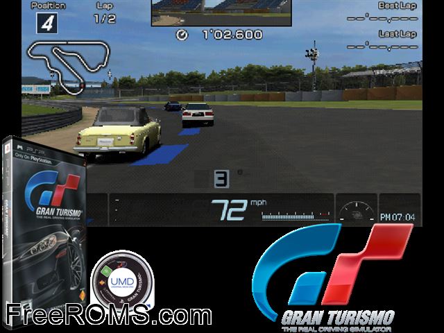 Gran Turismo (China) PSP game showing 3D box cover and gameplay screenshot