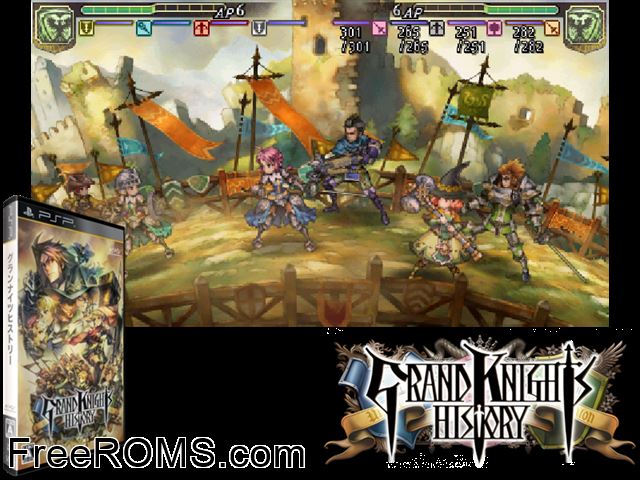 Grand Knights History (Japan) PSP game showing 3D box cover and gameplay screenshot