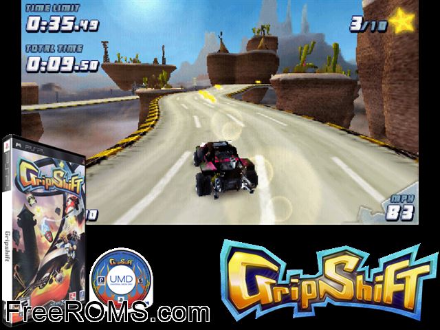 Gripshift PSP game showing 3D box cover and gameplay screenshot