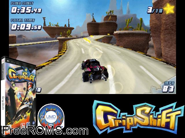 Gripshift (Japan) PSP game showing 3D box cover and gameplay screenshot