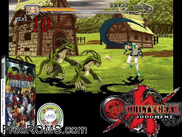 Guilty Gear Judgment (Europe) PSP game showing 3D box cover and gameplay screenshot