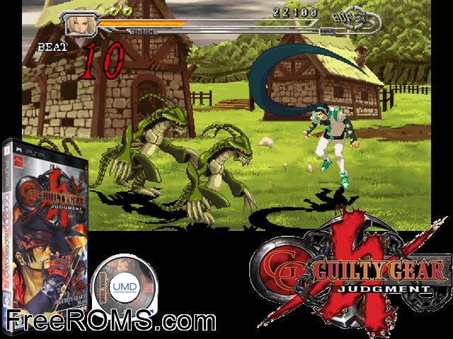 Guilty Gear Judgment (Japan) PSP game showing 3D box cover and gameplay screenshot