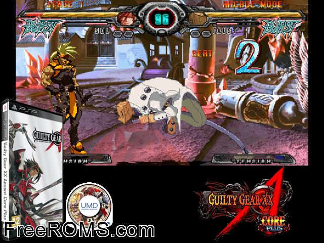Guilty Gear XX Accent Core Plus PSP game showing 3D box cover and gameplay screenshot