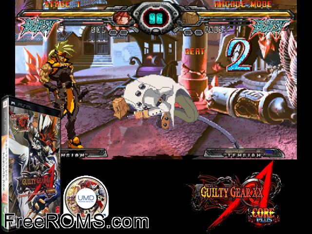 Guilty Gear XX Accent Core Plus (Japan) PSP game showing 3D box cover and gameplay screenshot