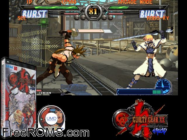 Guilty Gear XX Reload (Japan) PSP game showing 3D box cover and gameplay screenshot