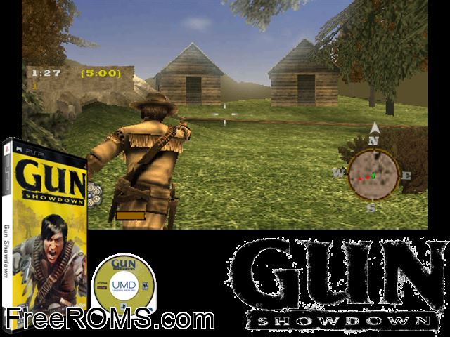 Gun Showdown PSP game showing 3D box cover and gameplay screenshot
