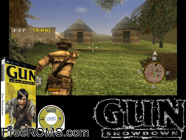 Gun Showdown (Germany) PSP game showing 3D box cover and gameplay screenshot