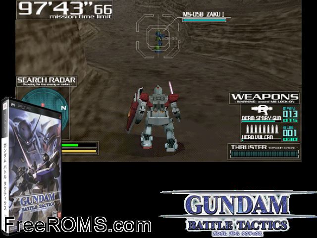 Gundam Battle Tactics (Japan) PSP game showing 3D box cover and gameplay screenshot