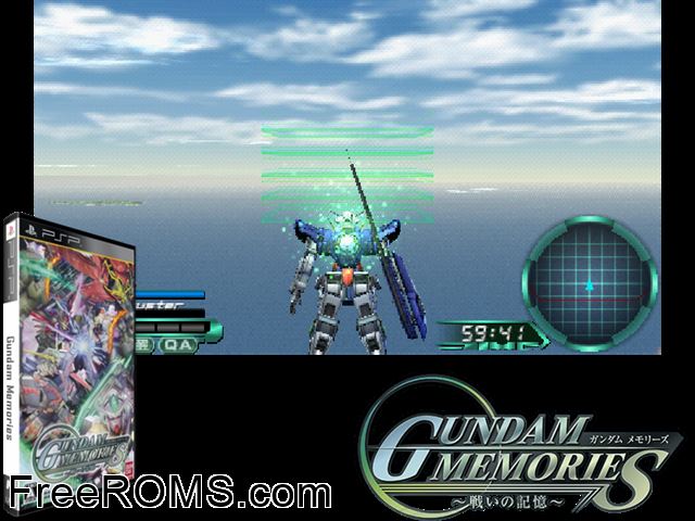 Gundam Memories - Tatakai no Kioku (Japan) PSP game showing 3D box cover and gameplay screenshot