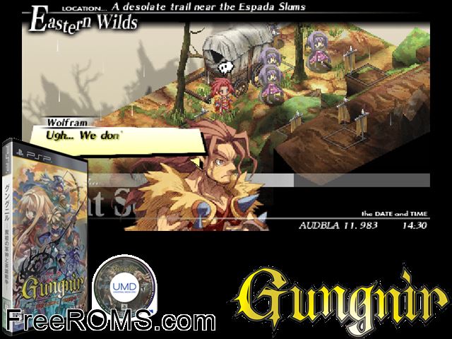 Gungnir - Masou no Gunshin to Eiyuu Sensou (Japan) PSP game showing 3D box cover and gameplay screenshot