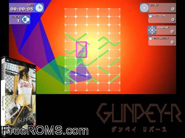 Gunpey-R (Japan) PSP game showing 3D box cover and gameplay screenshot