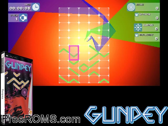 Gunpey PSP game showing 3D box cover and gameplay screenshot