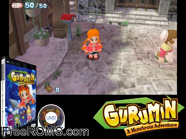 Gurumin - a Monstrous Adventure (Europe) PSP game showing 3D box cover and gameplay screenshot
