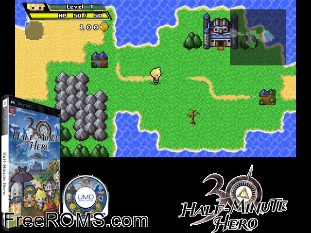 Half-Minute Hero PSP game showing 3D box cover and gameplay screenshot
