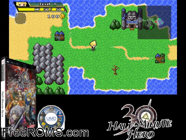 Half-Minute Hero (Europe) PSP game showing 3D box cover and gameplay screenshot