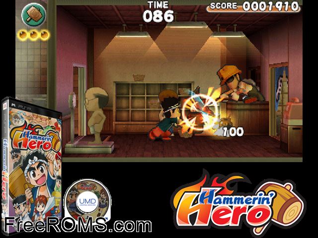 Hammerin' Hero PSP game showing 3D box cover and gameplay screenshot