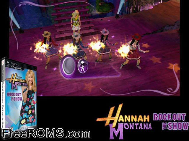 Hannah Montana - Rock Out The Show (Europe) PSP game showing 3D box cover and gameplay screenshot