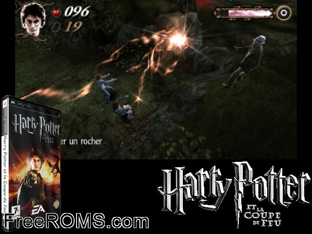 Harry Potter et la Coupe de Feu (France) PSP game showing 3D box cover and gameplay screenshot