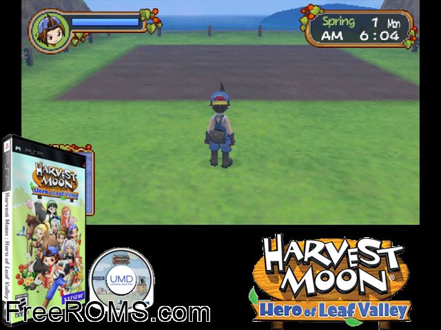 Harvest Moon - Hero of Leaf Valley (Europe) PSP game showing 3D box cover and gameplay screenshot