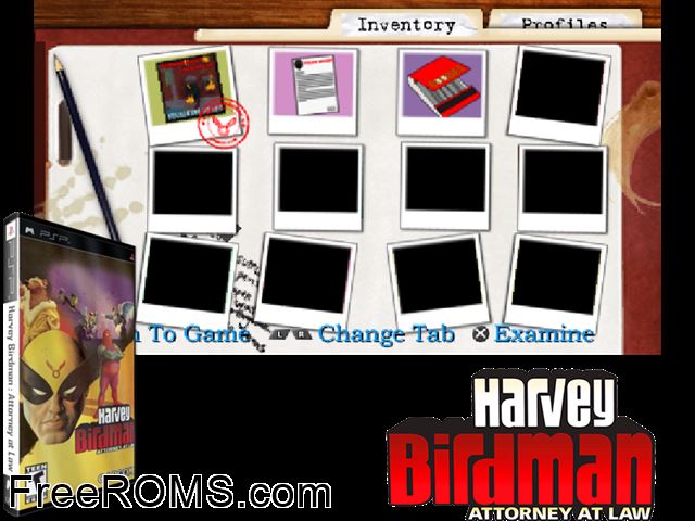 Harvey Birdman - Attorney at Law PSP game showing 3D box cover and gameplay screenshot