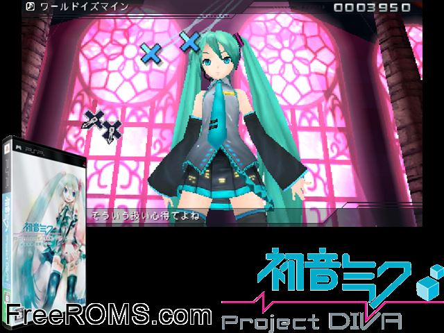 Hatsune Miku - Project Diva (Japan) PSP game showing 3D box cover and gameplay screenshot