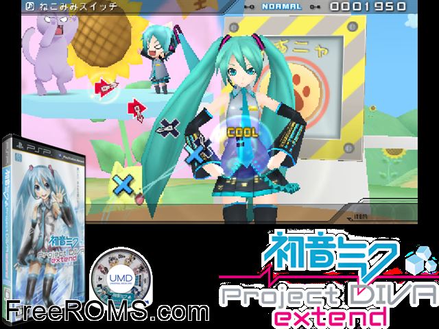 Hatsune Miku - Project Diva Extend (Japan) PSP game showing 3D box cover and gameplay screenshot