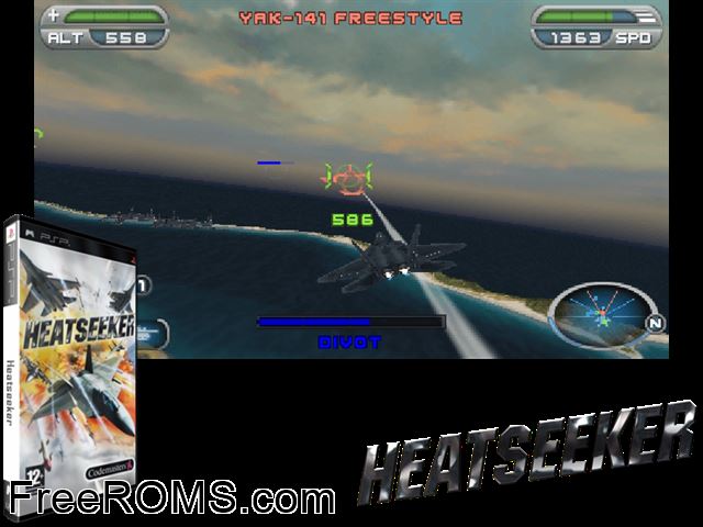 Heatseeker (Europe) PSP game showing 3D box cover and gameplay screenshot