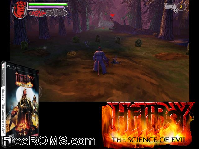 Hellboy - The Science of Evil (Asia) PSP game showing 3D box cover and gameplay screenshot