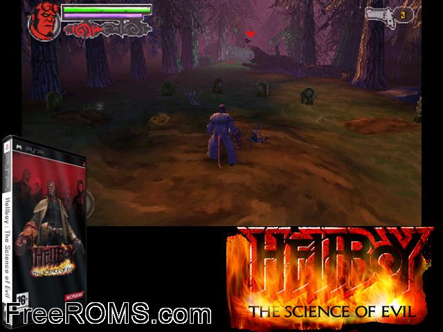 Hellboy - The Science of Evil (Europe) PSP game showing 3D box cover and gameplay screenshot