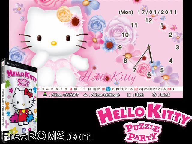Hello Kitty - Puzzle Party (Europe) PSP game showing 3D box cover and gameplay screenshot