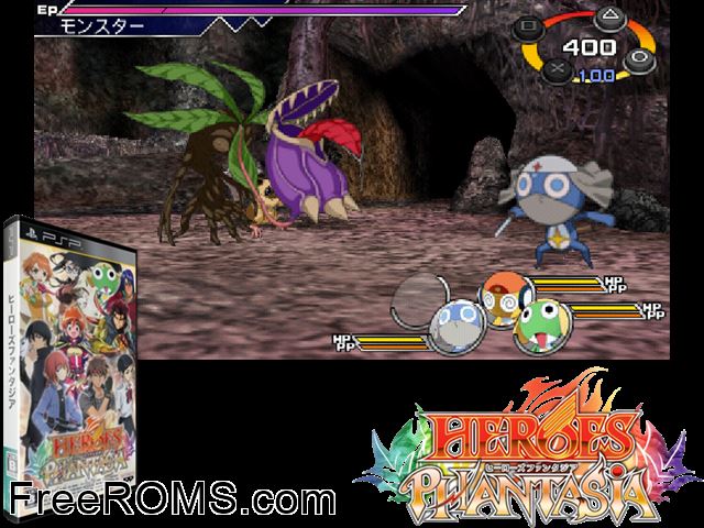Heroes Phantasia (Limited Edition Extra Disc) (Japan) PSP game showing 3D box cover and gameplay screenshot